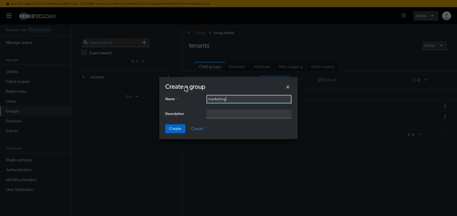 Creating the tenant group under /tenants/ in the Keycloak admin console