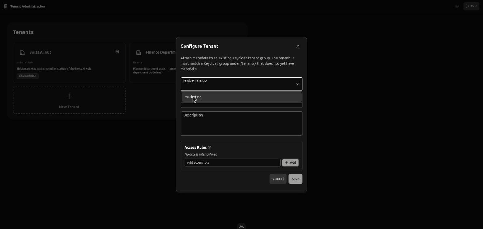 The Configure Tenant dialog with the unconfigured Keycloak group in the Keycloak Tenant ID dropdown